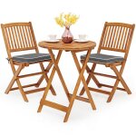 Costway ensemble 3 pcs de table pliante et chaises de jardin coussins doux gris mobilier de patio pour ...