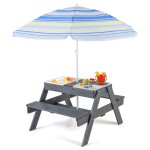 Costway ensemble 4 en 1 - table et bancs de pique - nique pour sable et eau 3 bacs enfants 3 ans + avec ...
