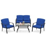 Costway ensemble table et chaises de jardin 4 pcs coussins de dossier et oreillers table basse en verre ...