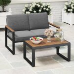 Costway ensemble de table de jardin et causeuse plateau en bois - plastique accoudoirs trous de parasol ...