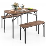 Costway ensemble table � manger 3 pcs avec 2 bancs pour 4 personnes coins arrondis cadre en m�tal pour ...