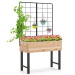 Costway jardini�re sur�lev�e avec treillis m�tallique drainage bac � plantes �lev� en bois avec pieds ...