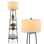 Costway lampadaire salon 153 cm avec 3 tagres en bois abat - jour en lin base de socket e27 pour salon ...