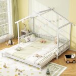 Costway lit simple 90 x 200 cm  king 180 x 200 cm cadre en bois garde - corps de scurit et toit cadre ...