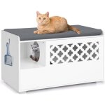 Costway maison de toilettes pour chat avec coussin amovible, meuble bac  litire avec crochet latral ...