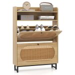 Costway meuble a chaussure avec 2 tiroirs rabattables portes en rotin pieds en mtal rangement ouvert ...