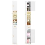 Costway meuble colonne de salle de bain - led 3 couleurs 2 placards � porte 1 tiroir 3 �tag�res en verre ...