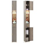 Costway meuble colonne de salle de bain - led 3 couleurs 2 placards � porte 1 tiroir 3 �tag�res en verre ...