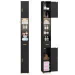 Costway meuble colonne de salle de bain - led 3 couleurs 2 placards � porte 1 tiroir 3 �tag�res en verre ...