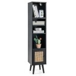 Costway meuble colonne de salle de bain avec porte rotin et pieds en bois massif tagre rglable pour ...