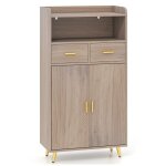 Costway meuble salle de bain avec 2 tiroirs 2 portes compartiment ouvert �tag�re r�glable pieds en m�tal ...