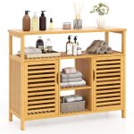 Costway meuble salle de bain bambou avec tagre ouverte 2 placards  portes persienne compartiments ...