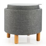 Costway pouf rangement rond avec plateau tissu pe pieds en bois patins antid�rapants pour salon chambre ...