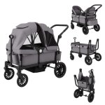 Poussette double jumelle pliable costway - poigne rglable - 2 auvent capote amovible - fentre avec ...