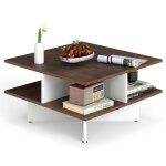 Costway table basse carr�e � 2 niveaux table basse salon 60�cm avec 4 compartiments de rangement base ...