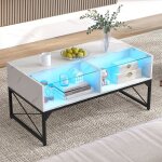 Costway table basse avec lumires led plateau en faux marbre verre tremp tlcommande incluse 4 cubes ...