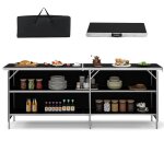 Costway table de camping pliable en aluminium plateau 206cm etag�res 2 niveaux sac de transport pour ...