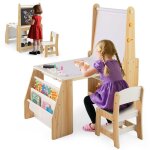 Costway table chevalet enfant 3 en 1 et chaise - tableau blanc et noir rouleau de papier 2 �tag�res ouvertes ...