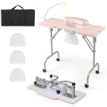 Costway table de manucure pliante avec aspirateur lampe led et coussin pour poignet client rose