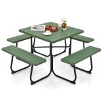 Costway table de pique - nique ronde avec 4 bancs int�gr�s pour 8 personnes trou pour parasol pour terrasse ...