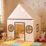 Costway tente de jeux enfant avec 4 fen�tres et guirlandes lumineuses �toiles tapis antid�rapant et coton ...