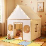 Costway tente de jeux enfant avec 4 fen�tres et guirlandes lumineuses �toiles tapis antid�rapant et coton ...