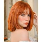 Courte perruque femme orange 14 pouces synthtique perruque bob avec frange naturelle perruques pour ...