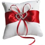 Coussin pour alliances d�coration de fian�ailles avec ruban et double coeurs(rouge)