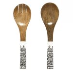 Couverts � salade en bois de manguier avec motif mandala noir - mango