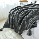 Couverture douce en laine tricote  pompons style bohme plaid douillet pour canap lit ou fauteuil ...