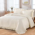 Couvre - lit 3 pi�ces 240x260 cm beige matelass� pour lit double jetee de lit