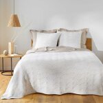 Couvre - lit cassandra 240 x 260 cm + 2 housses 60 x 60 cm ? jersey & microfibre beige motif �ventails ...