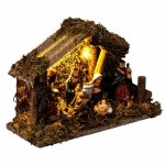 Cr�che de no�l led 20�13 cm en r�sine et bois ? 5 micro - led beige sans fil