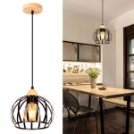 Crevette suspension industriel e27 luminaire lustre base en bois abat - jour cage noir en mtal 20cm ...