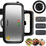 Gaufrier multifonctions - croque monsieur 3 en 1 - 1200w - contr�le temp�rature 5 vitesses - plaque antiadh�si ...