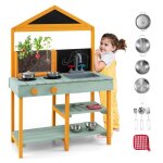 Cuisine enfants ext�rieur en bois - dreamade - 8 accessoires - bac � plantes - 2 tableaux noirs ? evier ...