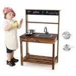Cuisine enfant jardin en bois de sapin - dreamade - tableau noir ? robinet - �vier amovible - casserole ...