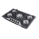 Cuisinire  gaz 5 foyers surface en verre tremp allumage automatique  batterie noir