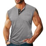 D�bardeur homme sans manches regular fit casual top ete col henley avec poches couleur unie confortable ...