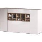 Deco buffet bas contemporain blanc brillant et décor chêne canadien - l 150 cm Deco buffet bas contemporain blanc brillant et décor chêne canadien - l 150 cm