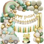 D�coration anniversaire 1 an fille gar�on - ballons verts banni�re joyeux anniversaire deco f�te b�b�[a208] ...