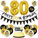 D�coration anniversaire 80 ans - kit ballon guirlande noir et or - banni�re joyeux anniversaire - f�te ...