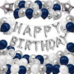Dcoration danniversaire ballons de fte bannires confettis bleu marine et argent.