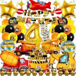 Decoration anniversaire chantier 4 ans gar�on - 48 pi�ces kit th�me v�hicules de construction - xxl ballons ...