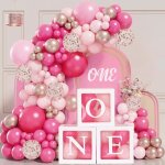 - d�coration anniversaire fille 1 an bo�te � ballons + arche ballons roses kit arche ballons rose gold ...