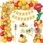 Decoration anniversaire princesse banni�re joyeux anniversaire ballon jaune rouge or cake topper couronne ...
