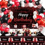 D�corations de f�te danniversaire noir et rouge avec toile de fond � happy birthday � nappe 64 ballons ...