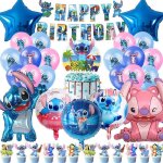 D�coration de g�teau danniversaire stitch comprenant une banni�re happy birthday un ballon une d�coration ...