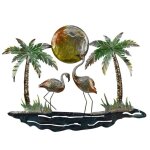 Dcoration murale flamants roses palmiers soleil bord de mer en mtal 75cm