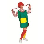 Déguisement fifi brindacier tablier robe verte poche avant jaune haut rayé rouge - blanc Déguisement fifi brindacier tablier robe verte poche avant jaune haut rayé rouge - blanc